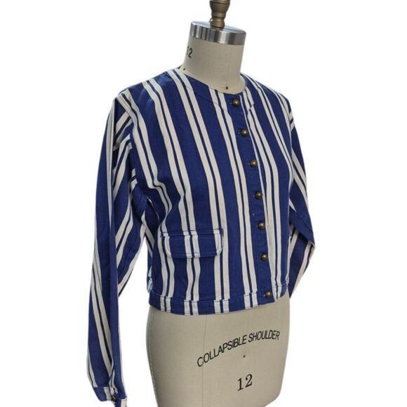 Vtg 80s 90s Retro Blue White Striped Denim Jacket Sz M Brass Button Down - Picture 2 of 4